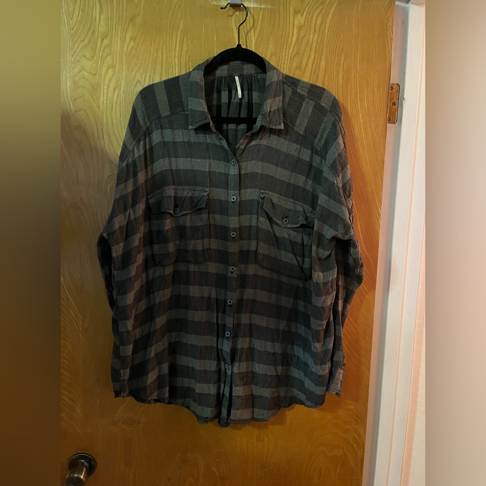Free People Fawn over you plaid button down peasant shirt M - Picture 2 of 12